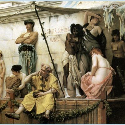 Le Marché aux esclaves. Cette huile sur toile représente un marché aux esclaves de la Rome antique, réalisé vers 1882.