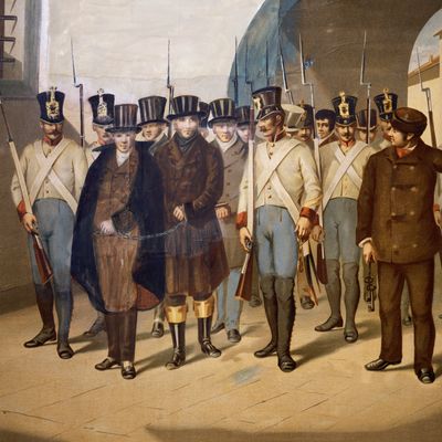 "L'arrestation des carbonari", tableau de l'École italienne, XIXe siècle. Musée du Risorgimento, Brescia, Italie