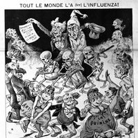 Gravure sur bois par E. Guillaumin, datée de 1889, sur la pandémie de grippe surnommée "l'influenza" ou "la grippe espagnole" qui toucha la France en 1889