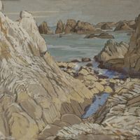 Mathurin Méheut (1882-1958), Ouessant, côte nord-est. Gouache et fusain sur carton, H. 49 ; l. 64 cm. Musée Mathurin Méheut, Lamballe-Armor