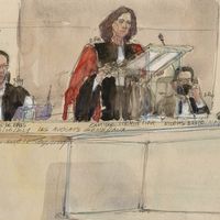 De gauche à droite : Nicolas Le Bris, Camille Hennetier et Nicolas Braconnay, les avocats généraux du procès des attentats du 13 nov 2015. Dessin du 8 juin 2022