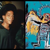 Jean-Michel Basquiat en 1985 / J-M Basquiat : Fallen angel, 1981 (ange déchu)