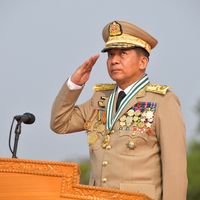 Le général Min Aung Hlaing, actuel premier ministre de Birmanie, le 27 mars 2022.