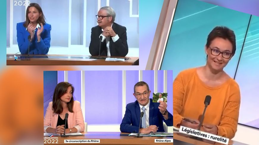 Les candidates Mélody Morille (Nupes), Mélanie Fortier (RN), et Gérard Vollory (RN), lors des débats sur France 3.