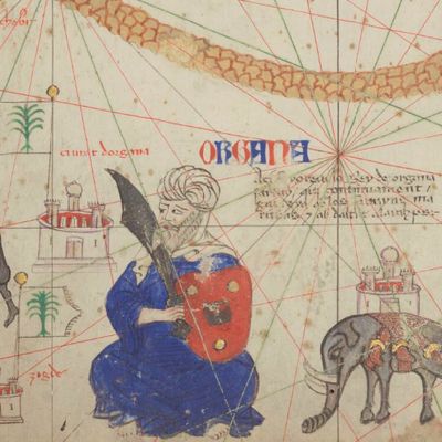 Détail de l'Atlas de cartes marines, dit Atlas catalan, attribué au cartographe juif majorquin Abraham Cresques et réalisé vers 1370-1380