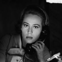 Annie Girardot sur le tournage du film Trois Chambres à Manhattan de Marcel Carné, 1965