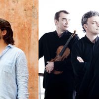 David Fray, pianiste et le Trio Wanderer : (g/d) Jean-Marc Phillips-Varjabédian, violon - Raphaël Pidoux, violoncelle - Vincent Coq, piano