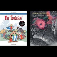 Couvertures des albums "Lapinot - Par Toutatis !" de Lewis Trondheim et "Le Bestiaire du Crépuscule" de Daria Schmitt