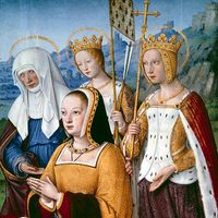 Portrait de la reine Anne de Bretagne en prière avec ses saintes patronnes, Sainte Anne, Sainte Hélène et Sainte Ursule par Jean Bourdichon