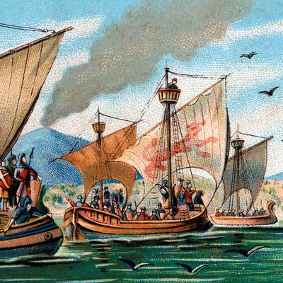 Illustration de la flotte normande du XIe siècle de Roger de Hauteville, qui a conquis les Pouilles et la Calabre, 1900.
