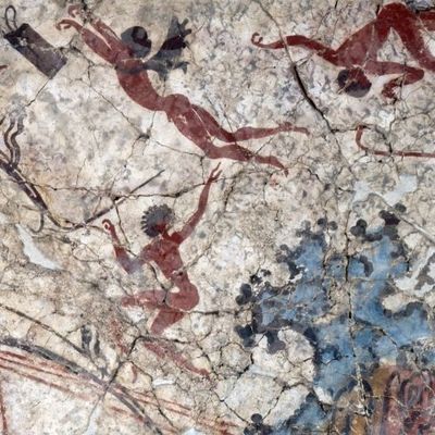 Peinture murale minoenne de l'ancienne Théra (1600 avant J.-C.) découverte par Spyridon Marinatos lors des fouilles d'Akrotiri (Santorin)